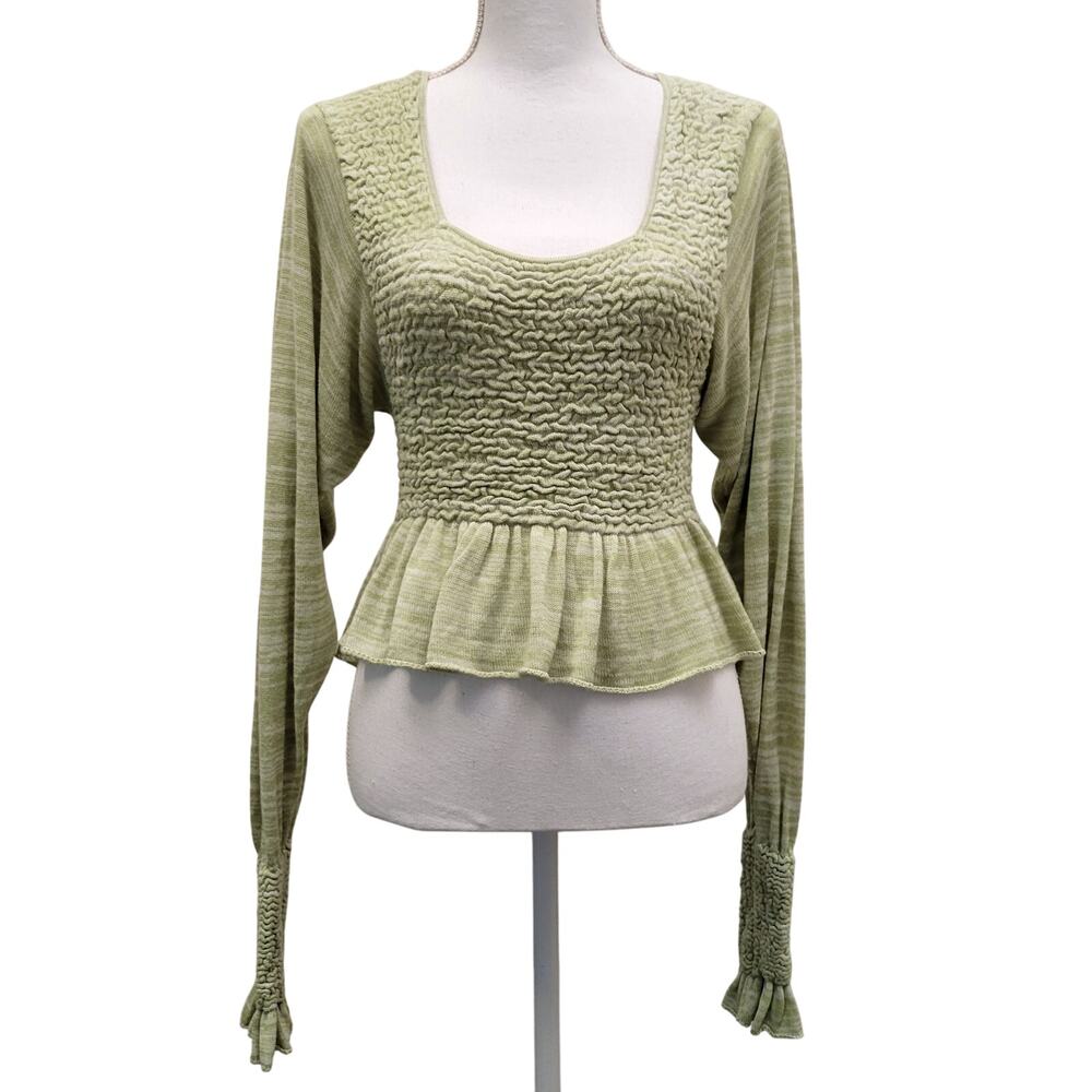 Free People Peplum Top Women's XS Green Free Spirit Long Sleeve Smocked Boho